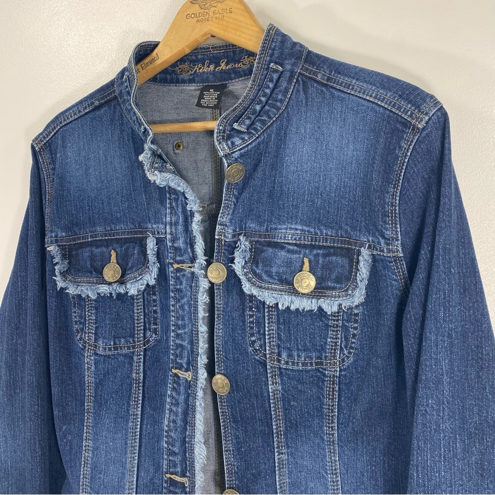 Kikit Jeans Frayed Raw Edge Distressed Trucker Blue Denim Jean Jacket Stretch XL - Picture 10 of 10